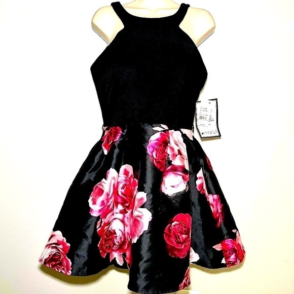 CRYSTAL DOLLS 90s Black Pink Prom Homecoming Floral Dance Fit Flare Dress NEW 13 - Picture 2 of 4